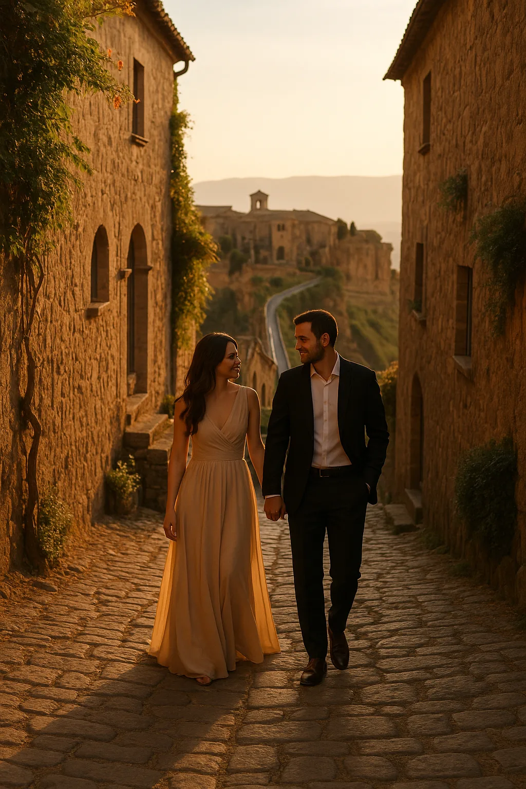 Couple walking along a stone street in Civita di Bagnoregio during a luxury photoshoot in Italy